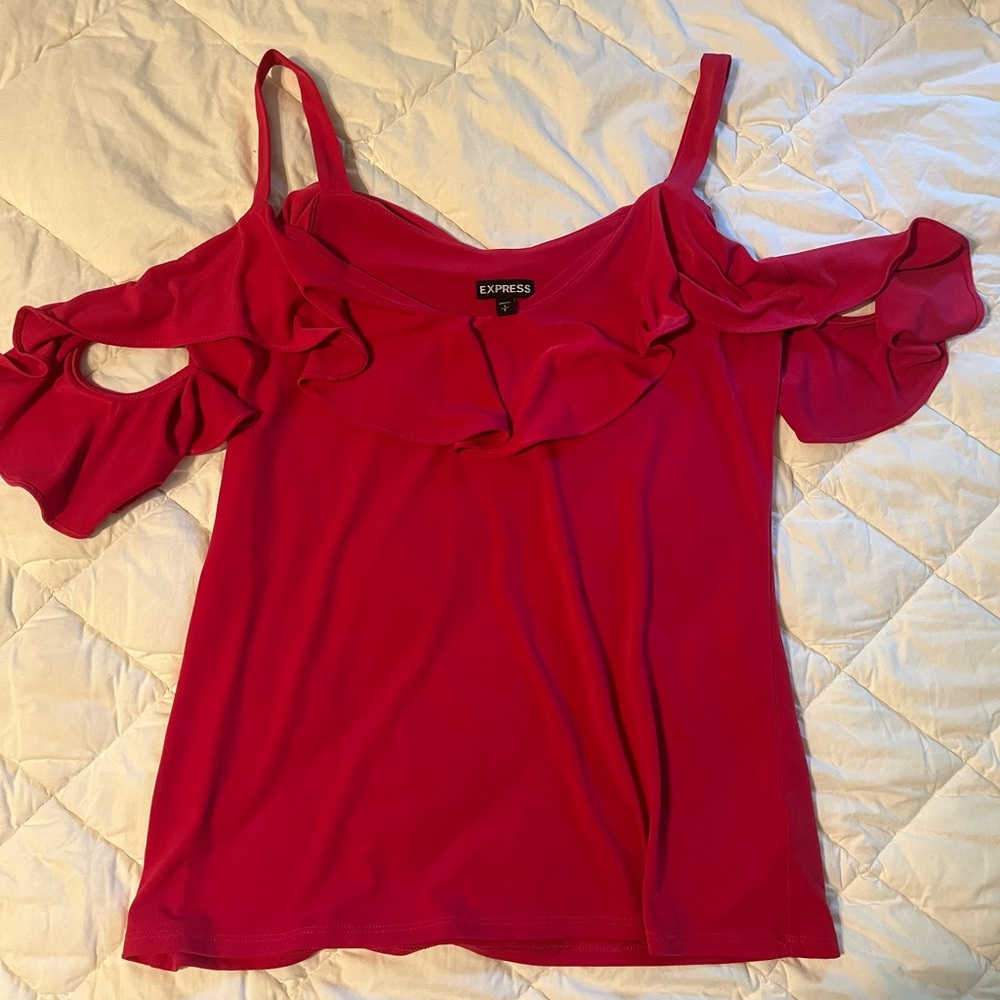 Express Women's hot pink Ruffle Cold Shoulder Top